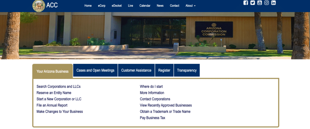 Arizona Corporate Commission website