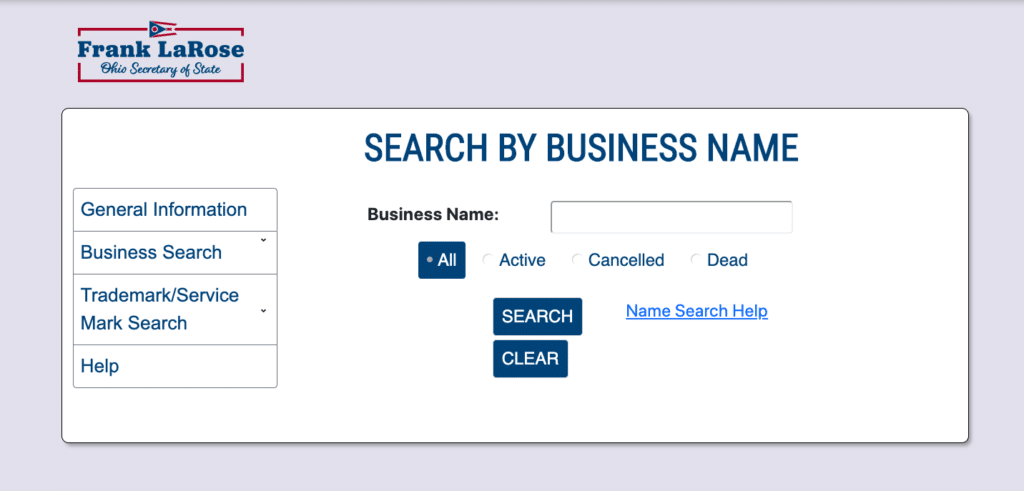 Ohio business name search page