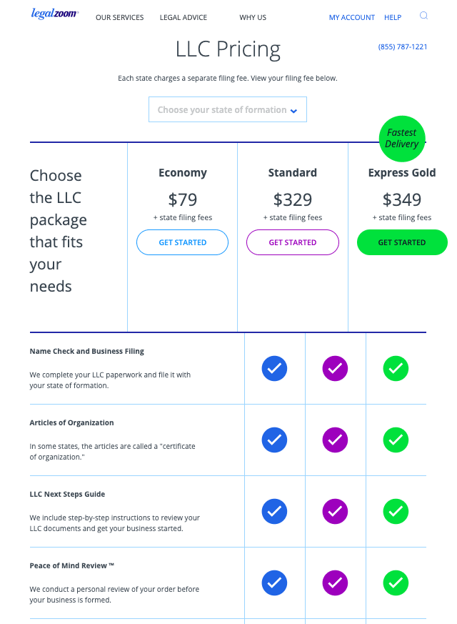 LegalZoom LLC service prices