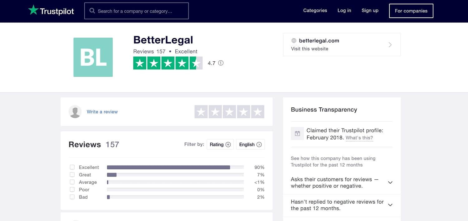 BetterLegal LLC service reviews on Trustpilot in 2021