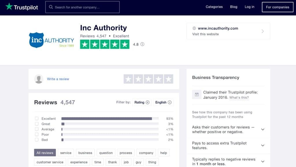 Inc Authority reviews on Trustpilot 2021