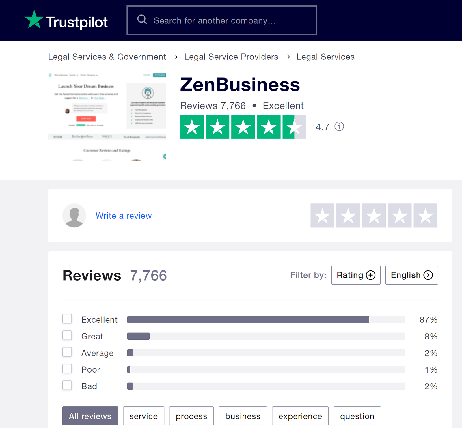 ZenBusiness Trustpilot reviews