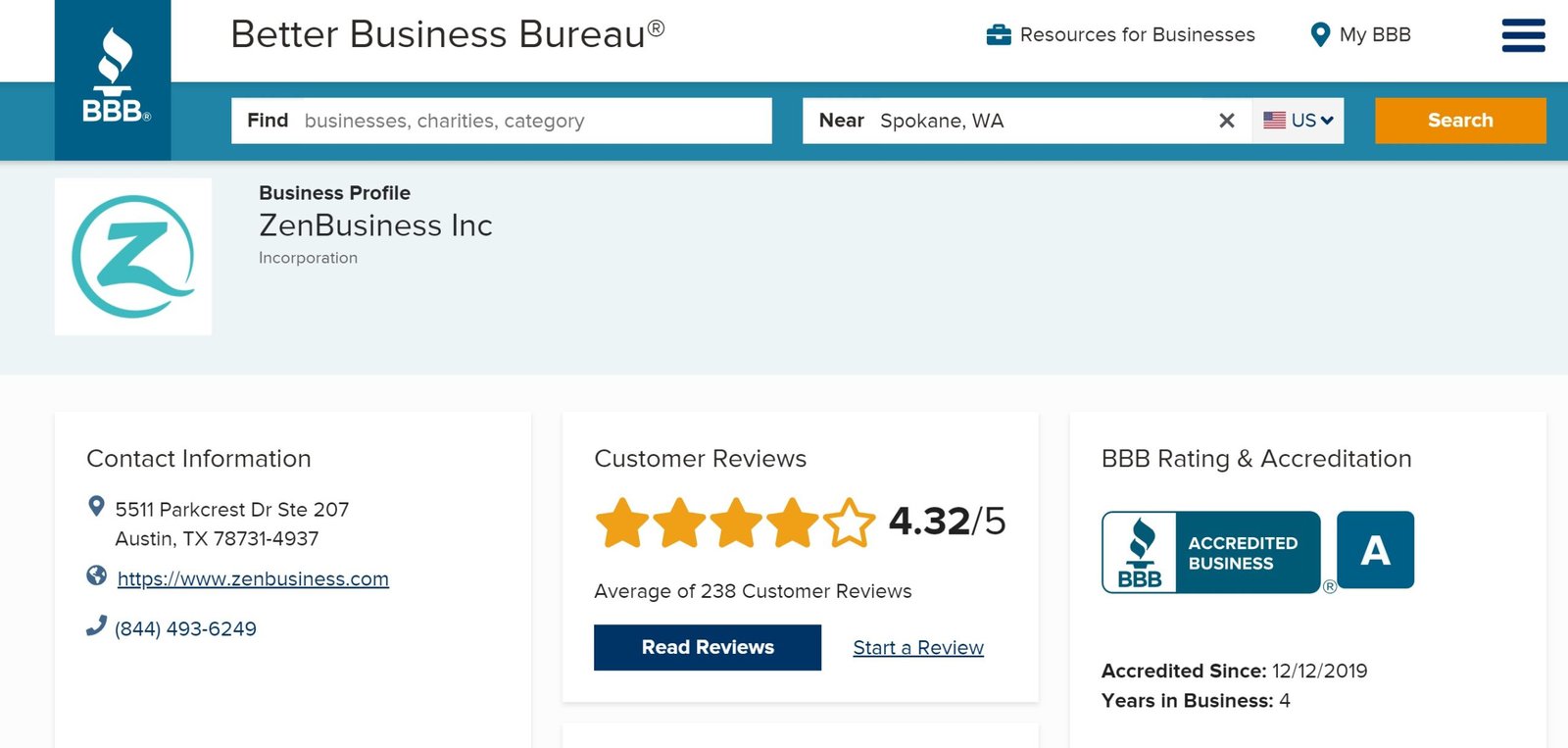 ZenBusiness BBB Reviews 2022